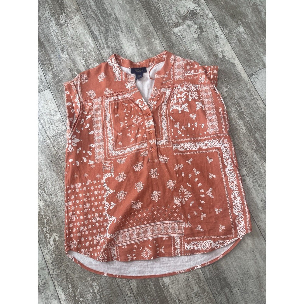 Rachel Rachel Women M Boho Bandana Print Sleeveless‎ Henley Blouse Rust Orange